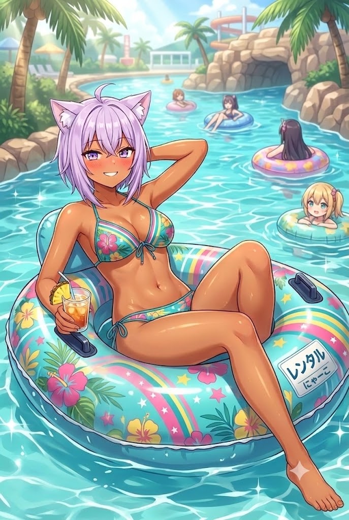 浮き輪で流れるビキニ日焼けギャルのシス