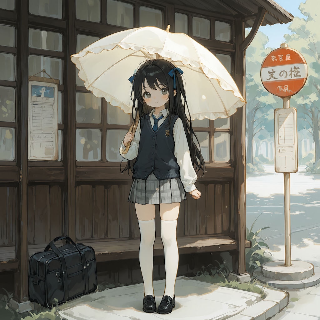 日傘でバス待ち