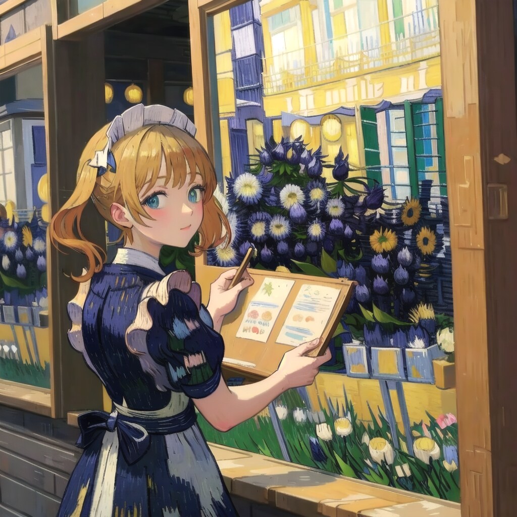 店の前で看板を持つ店長