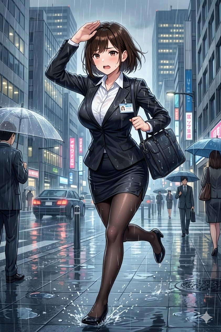 急な雨に慌てるアキちゃん