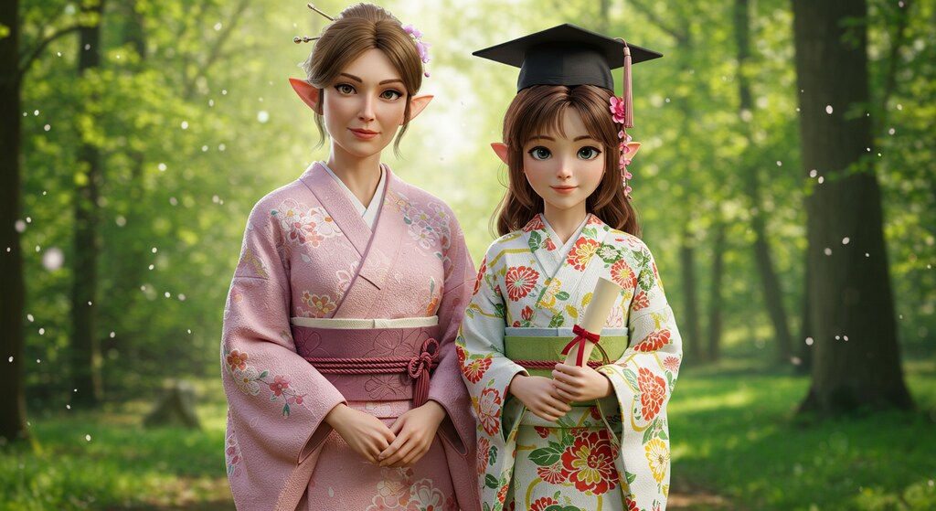 春の日差しに包まれる卒業式の晴れ着姿