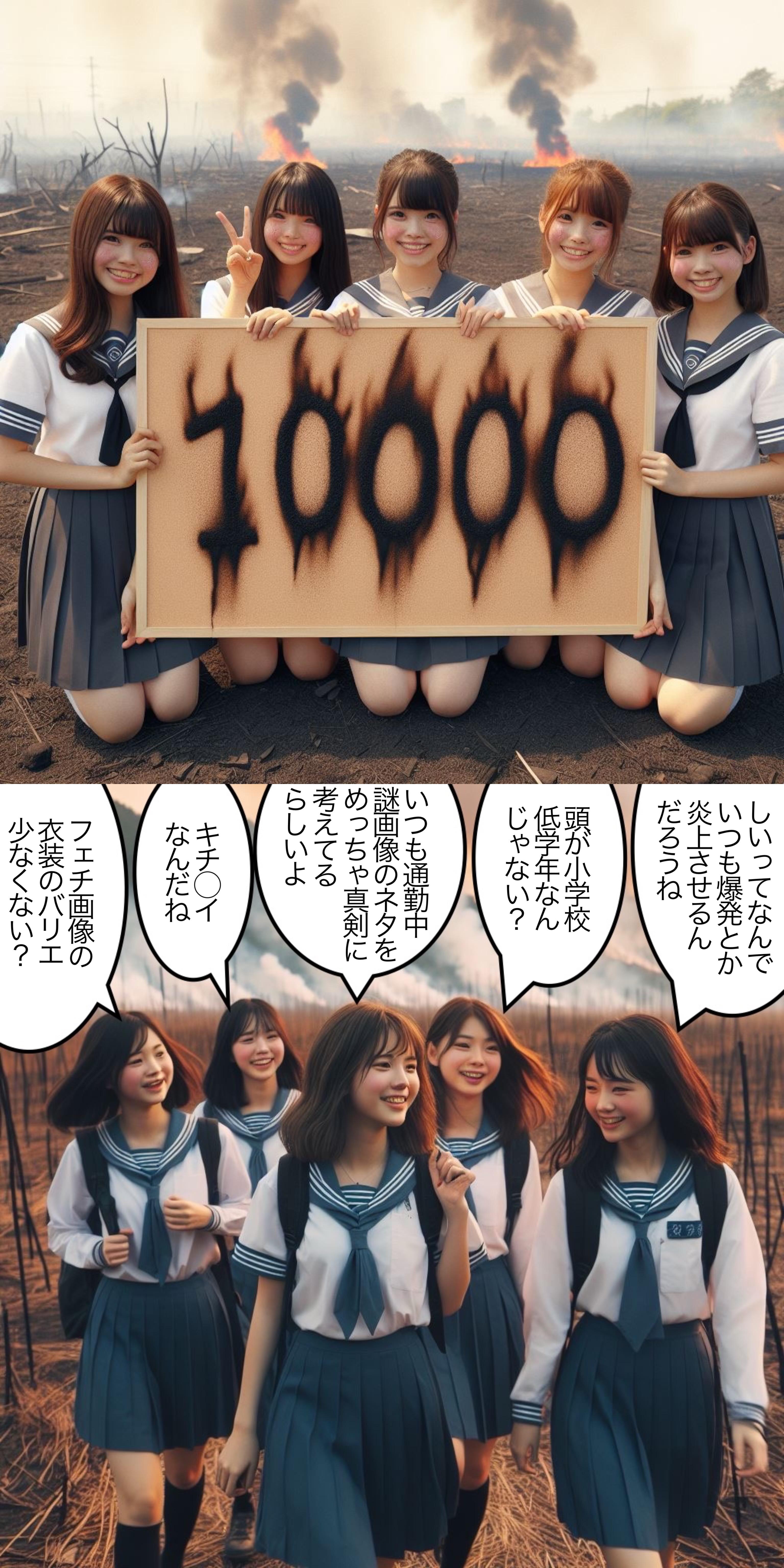 【謎画像・10000いいね記念】焼け野原でしいの10000いいねを祝う女子高生たち