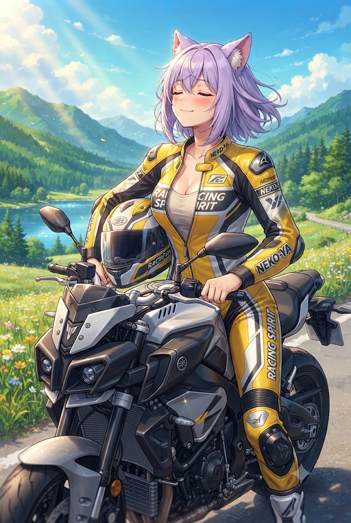 ツーリングの途中、ほっと一息するライダースーツのシス