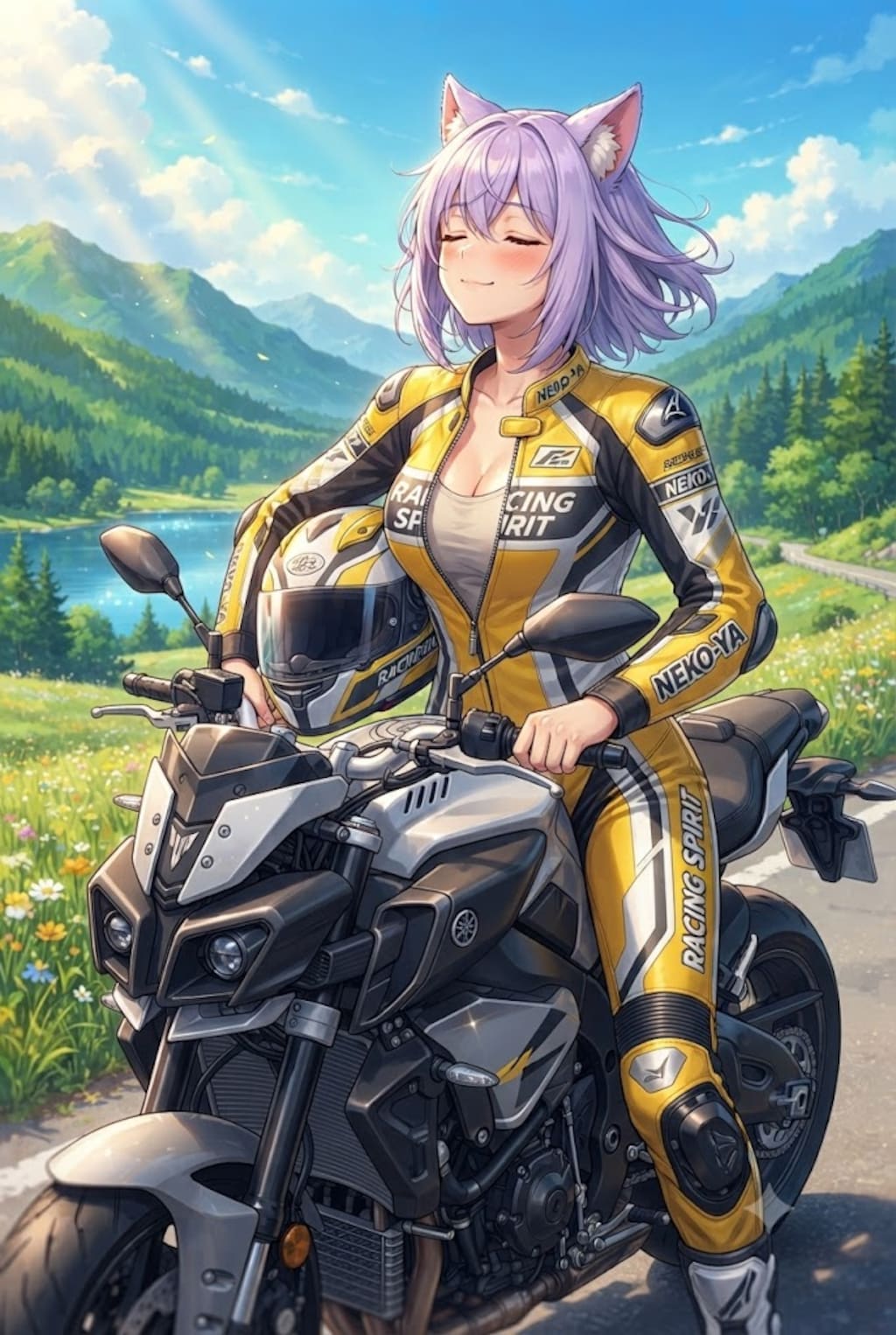 ツーリングの途中、ほっと一息するライダースーツのシス