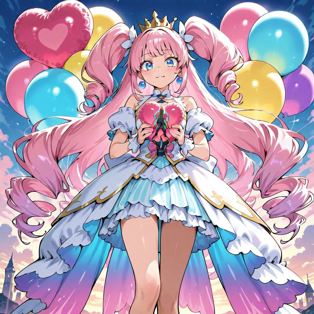色とりどりの風船を持つピンク髪ロングのお姫様 | の人気AIイラスト・グラビア