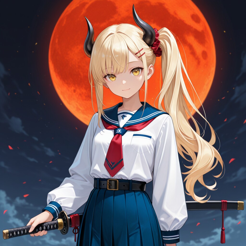 赤い月と刀とセーラー服女鬼高生さん