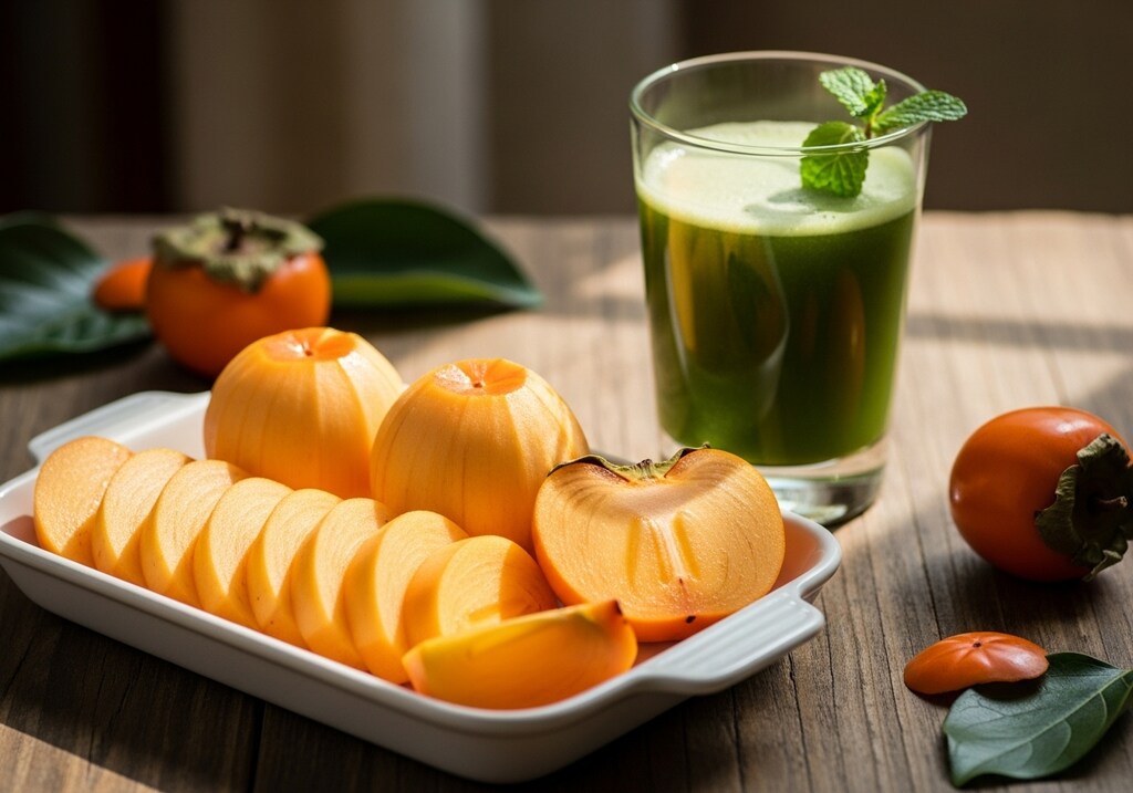 デザートの柿と青汁のセット