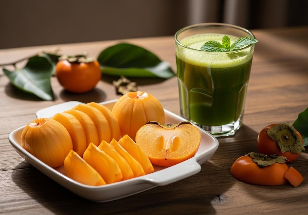 デザートの柿と青汁のセット