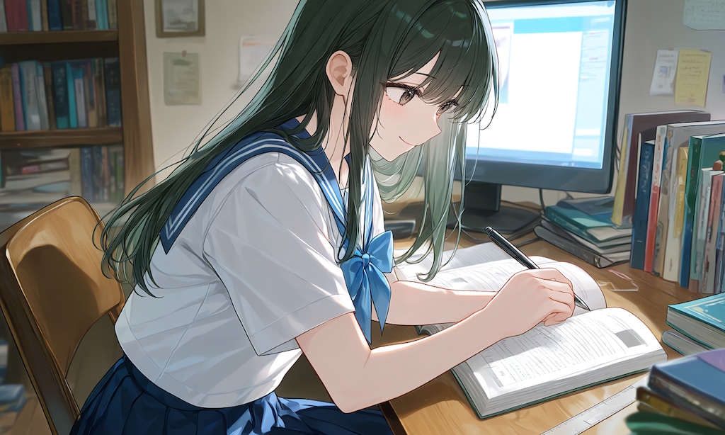 利奈さん(うちの娘)、夏休みの勉強中