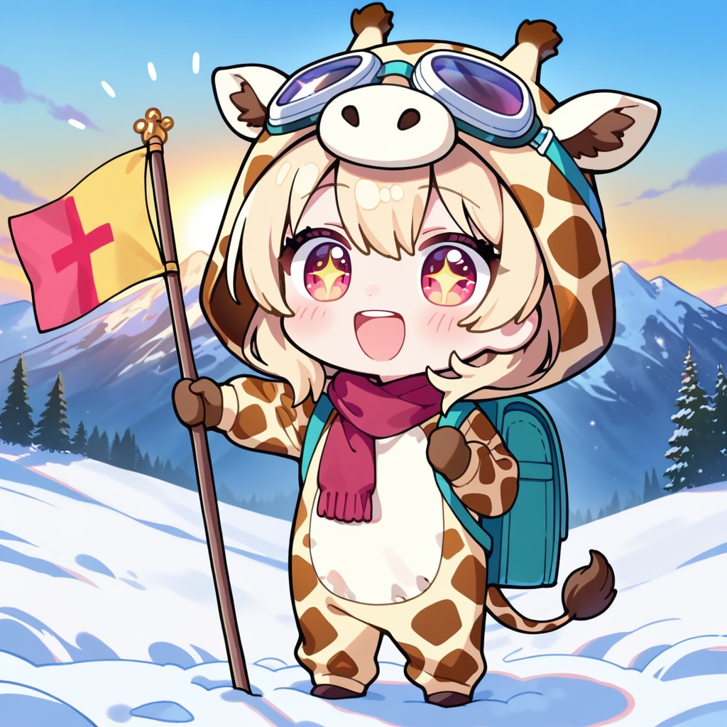 登山に挑戦するキリン着ぐるみちび子ちゃん