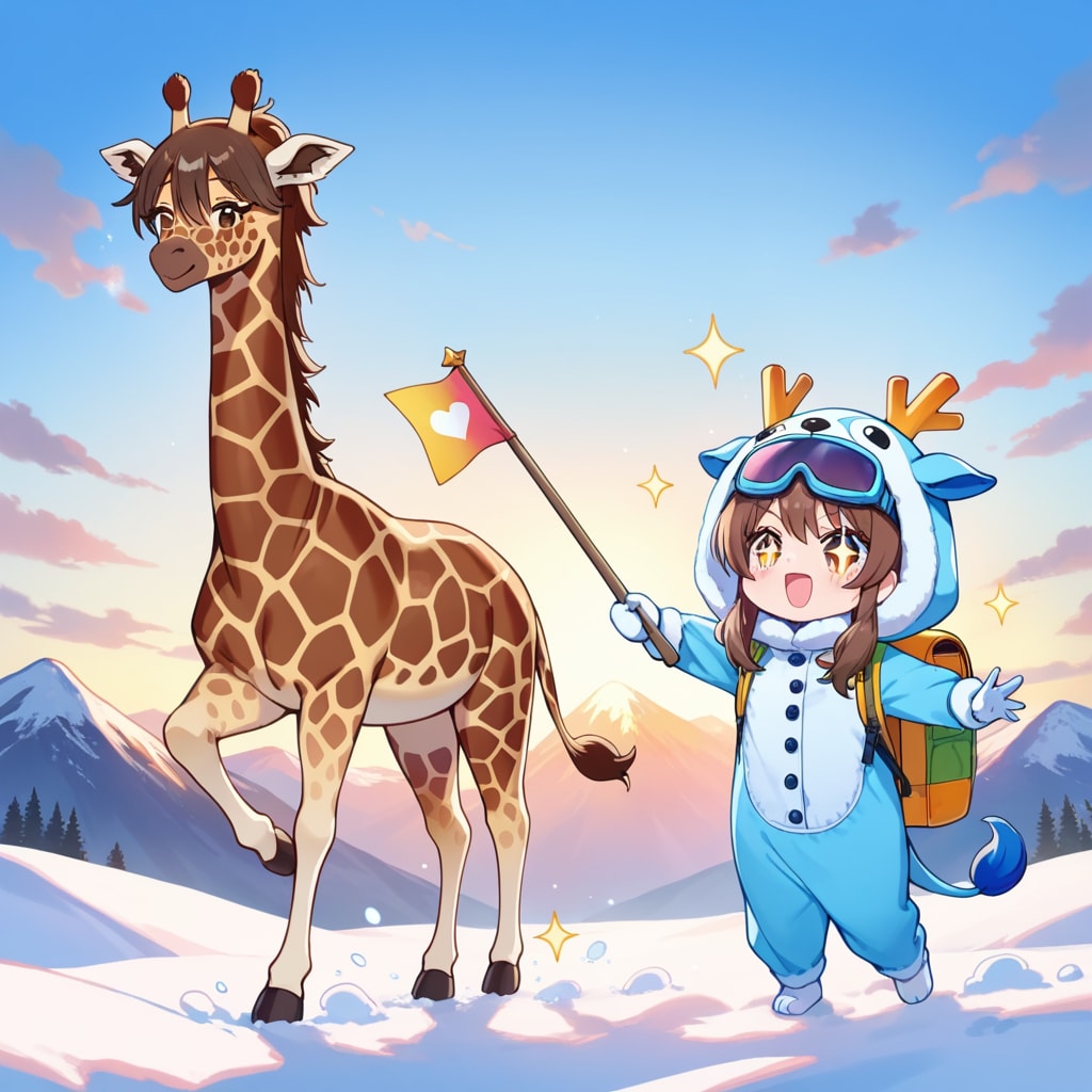 登山に挑戦するキリン着ぐるみちび子ちゃん