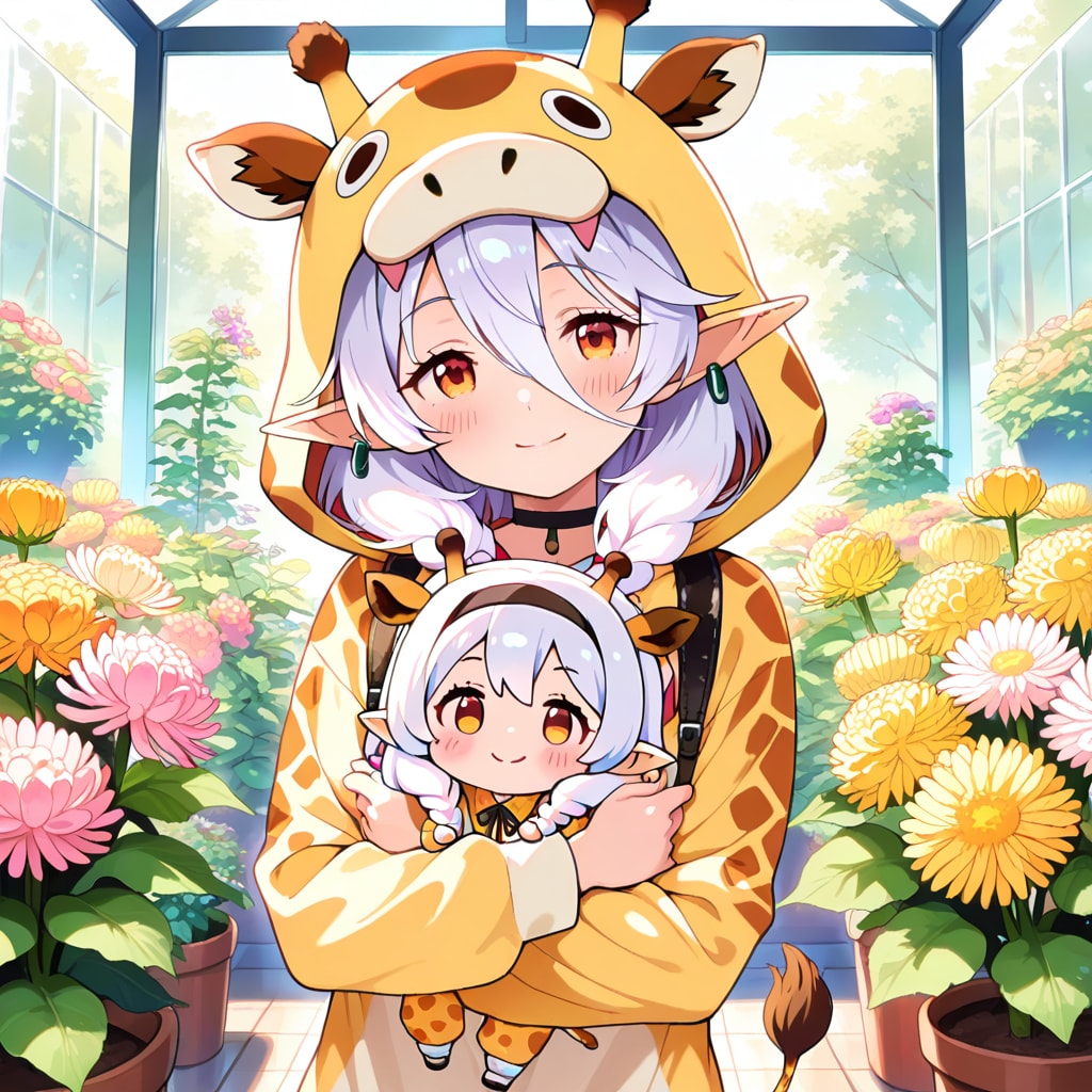 お花を育てる温室の中でキリン着ぐるみお姉さんとちび子ちゃん