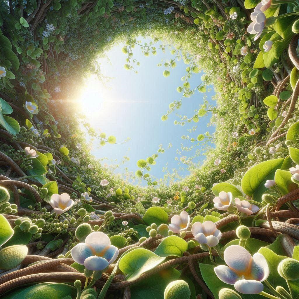 ３　背景　鳥瞰図　つる植物のつるに小花　中央大きく空いている　オリジナル