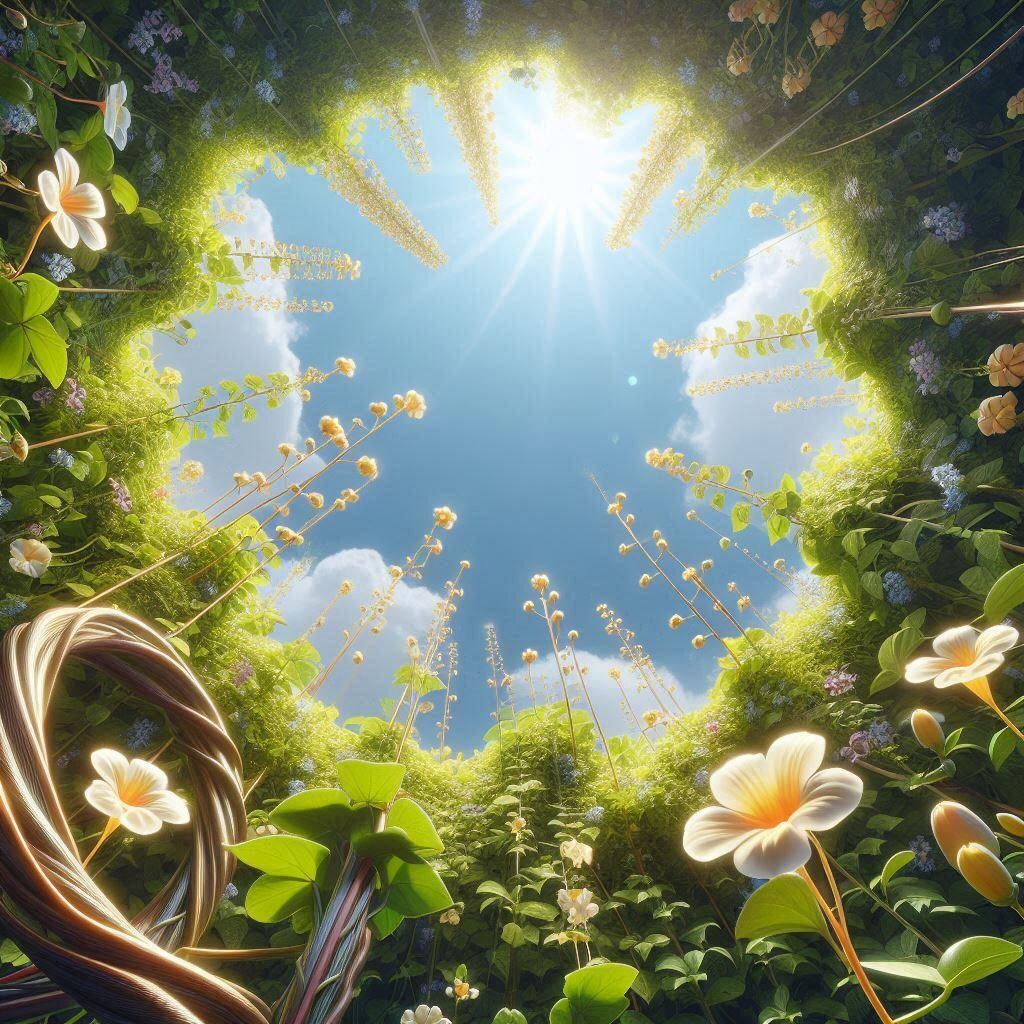 ３　背景　鳥瞰図　つる植物のつるに小花　中央大きく空いている　オリジナル