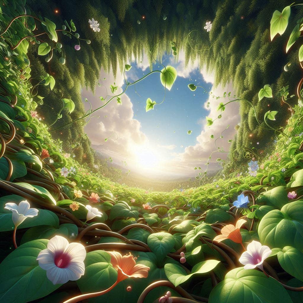 ３　背景　鳥瞰図　つる植物のつるに小花　中央大きく空いている　オリジナル