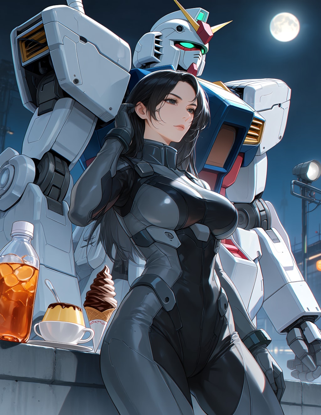 月夜のガンダムと唯紗巳・カンブロンヌさん(PixAI版)