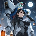 月夜のガンダムと唯紗巳・カンブロンヌさん(PixAI版) 2枚目