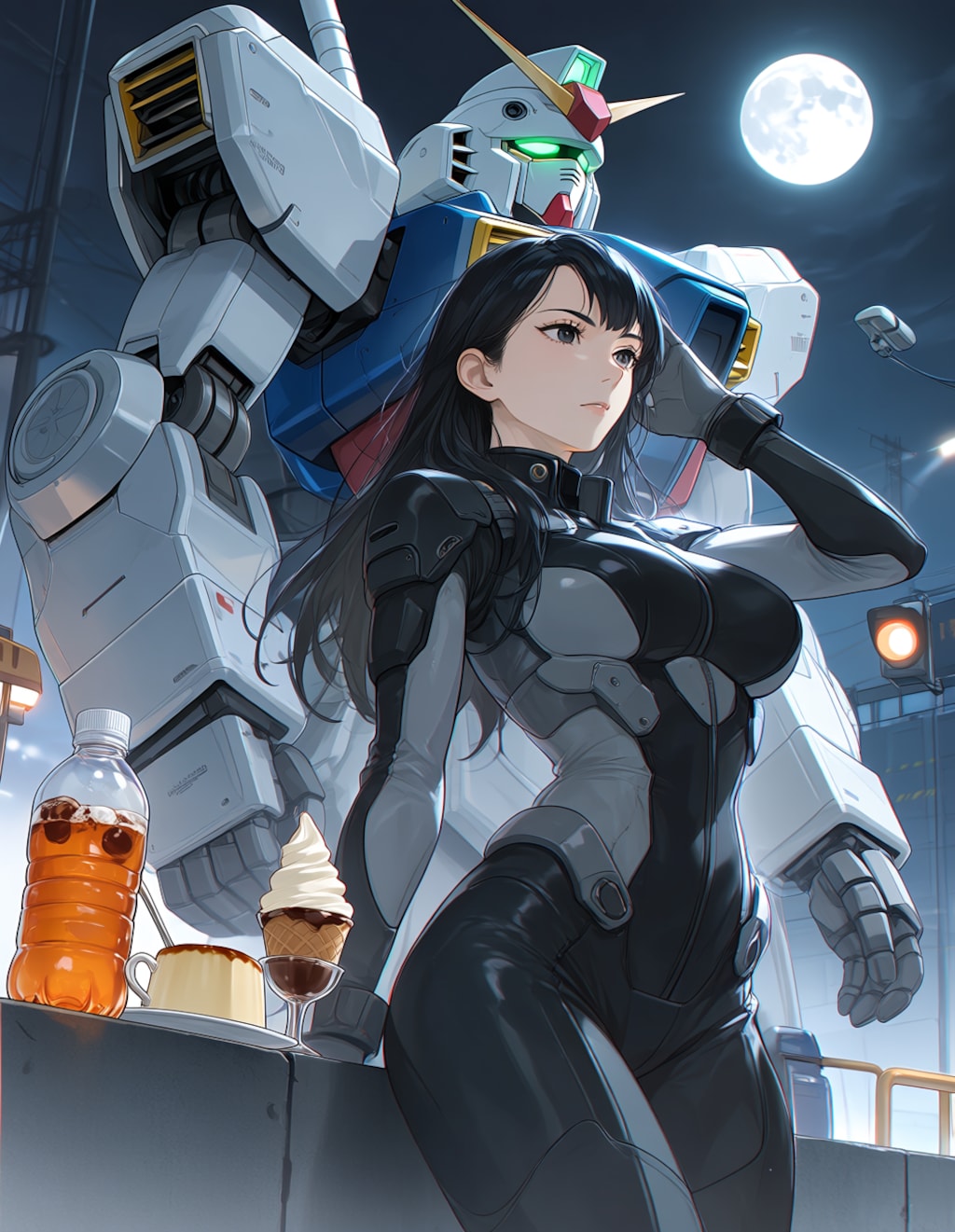 月夜のガンダムと唯紗巳・カンブロンヌさん(PixAI版)