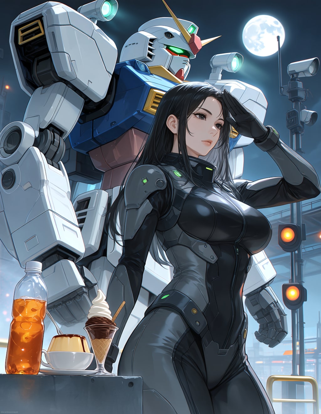 月夜のガンダムと唯紗巳・カンブロンヌさん(PixAI版)
