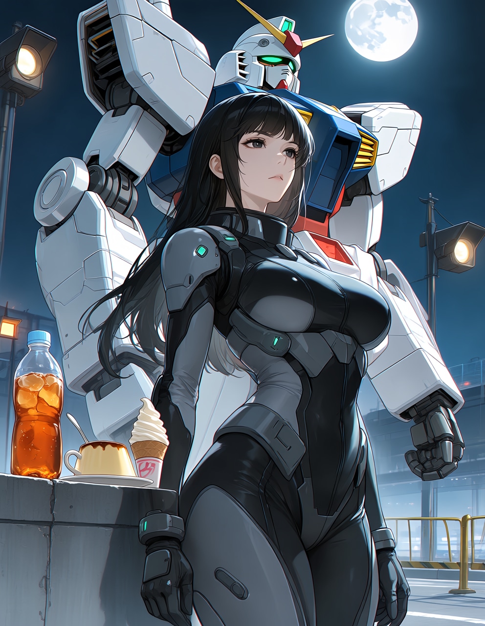 月夜のガンダムと唯紗巳・カンブロンヌさん(PixAI版)