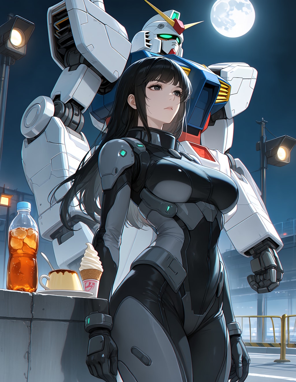 月夜のガンダムと唯紗巳・カンブロンヌさん(PixAI版)
