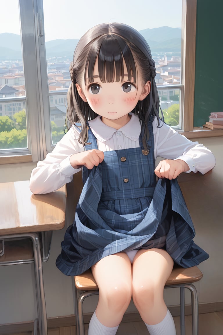 【リクエスト作品】ぺったんこ長髪〇リ〇リJ〇ちゃんがジャンスカを摘まみ上げてチラ見せ＆モロ見せ（４枚）