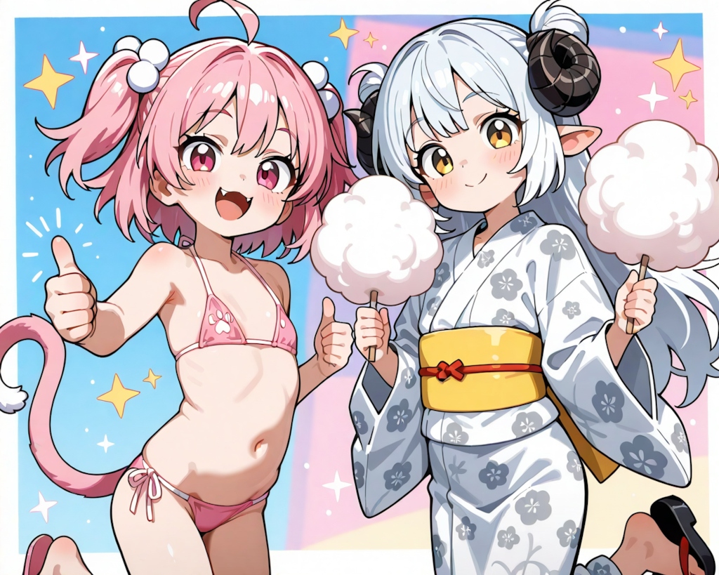 ゆかた（メイ）対みずぎ（ねこ）