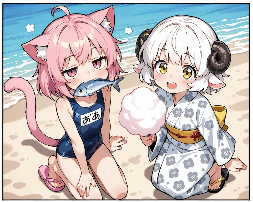 ゆかた（メイ）対みずぎ（ねこ）