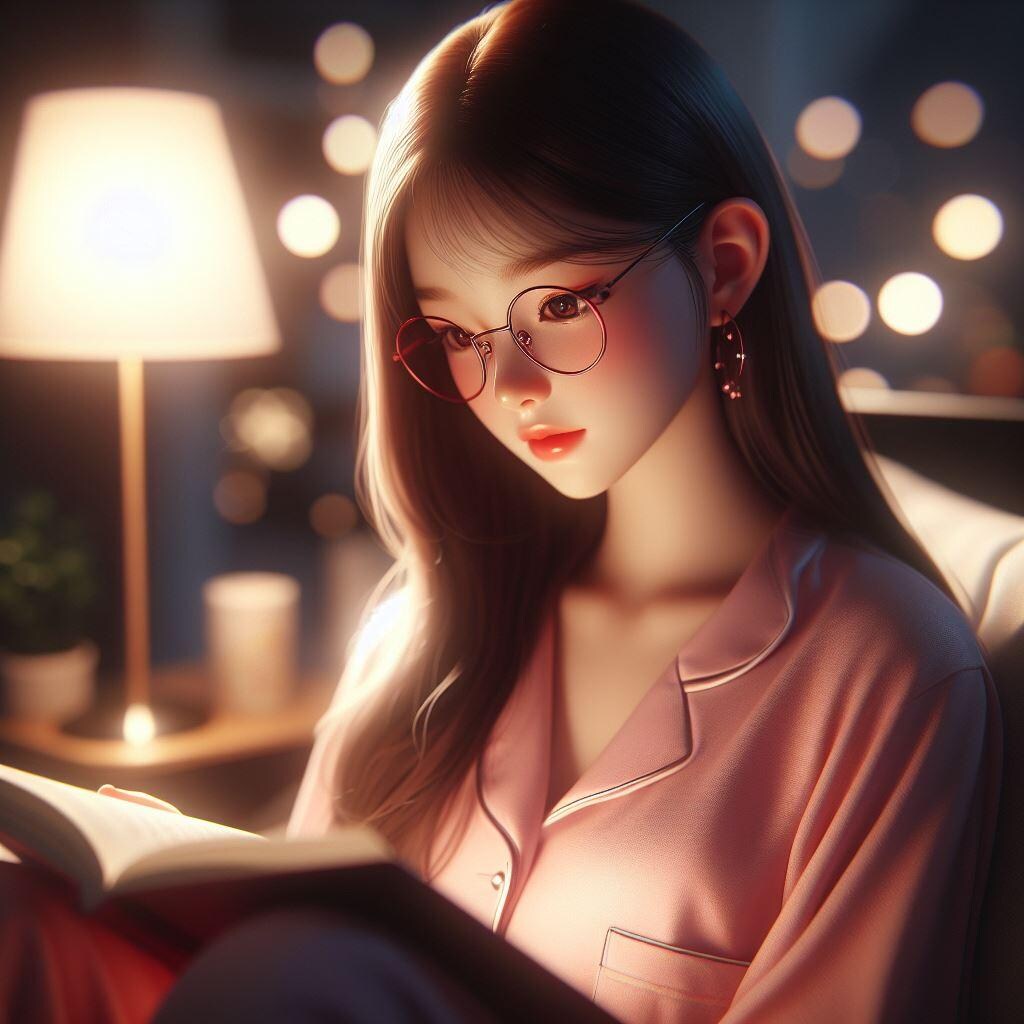 寢室で読書をするメガネをかけた少女(リアル)