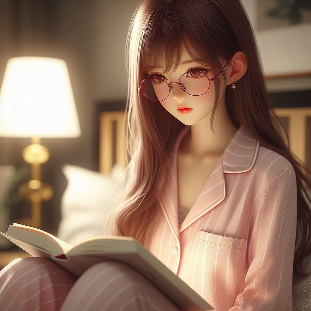寢室で読書をするメガネをかけた少女(リアル)