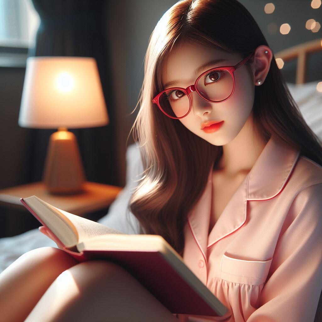 寢室で読書をするメガネをかけた少女(リアル)