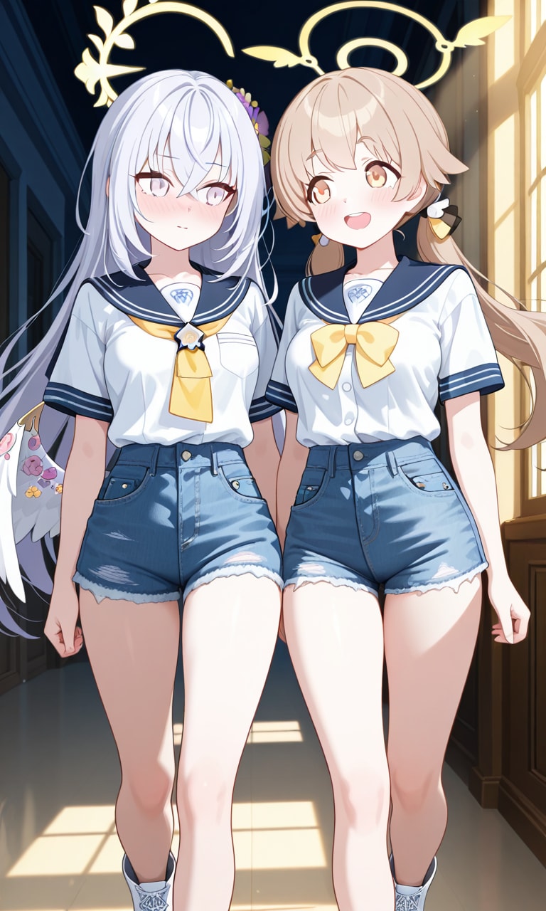 ヒフミとアズサ　セーラー夏服とショートパンツ1 | の人気AIイラスト・グラビア