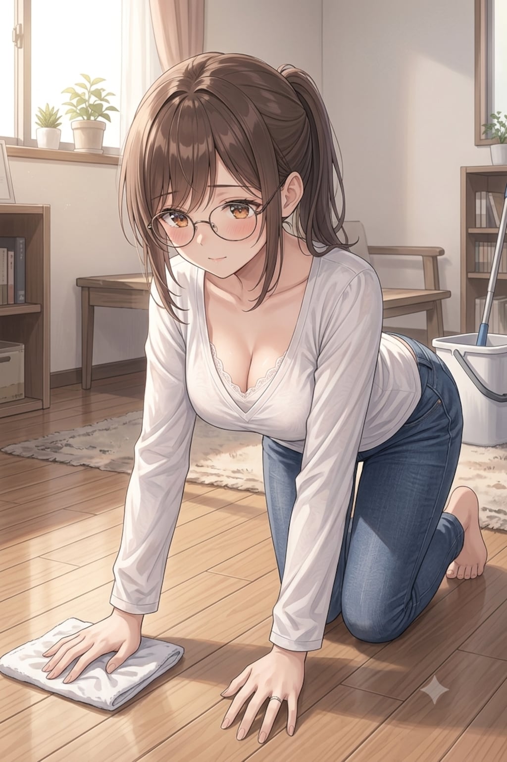 部屋の掃除をしている若妻