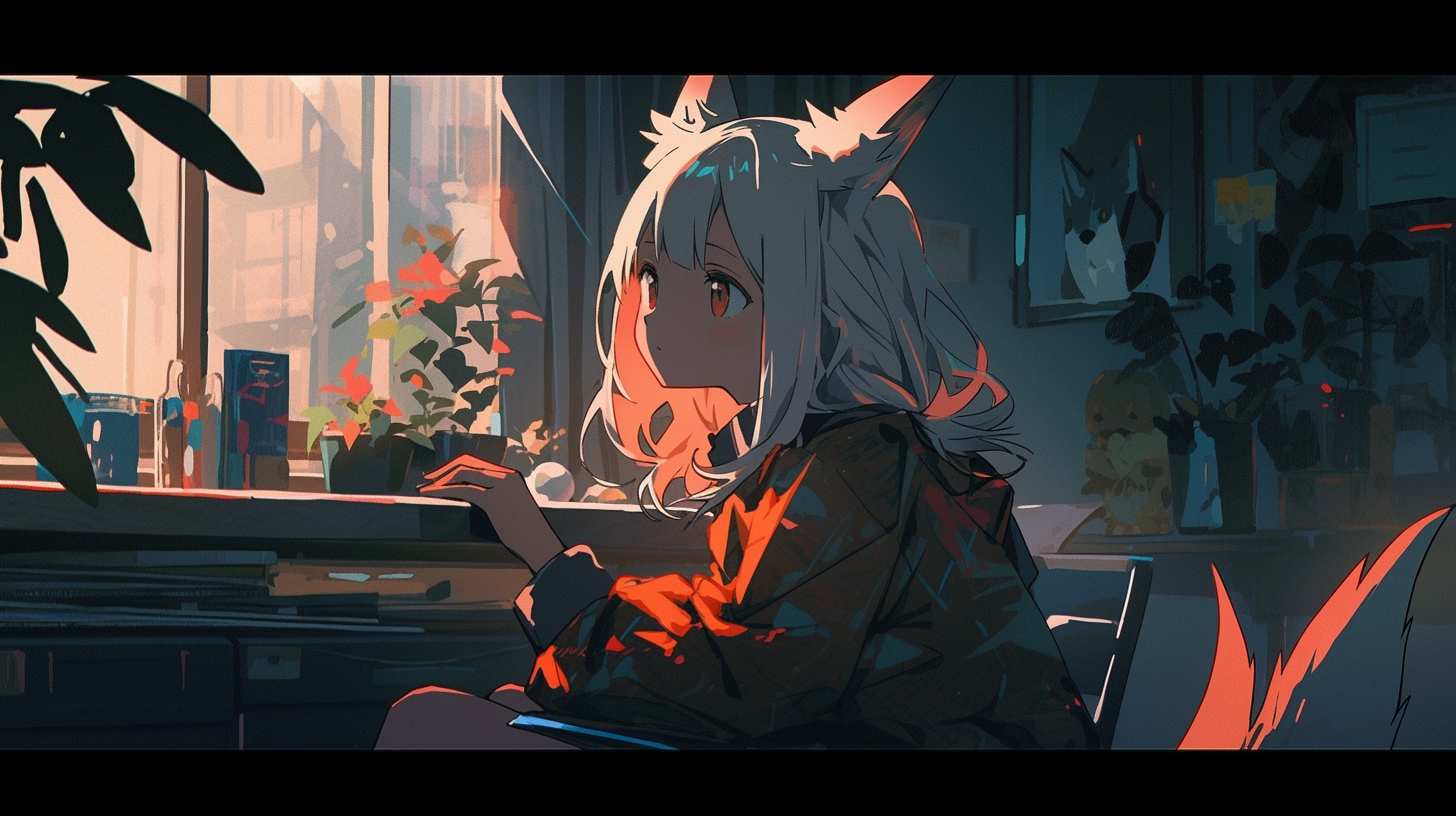 夕陽に染まる狐娘の静かな午後 | の人気AIイラスト・グラビア