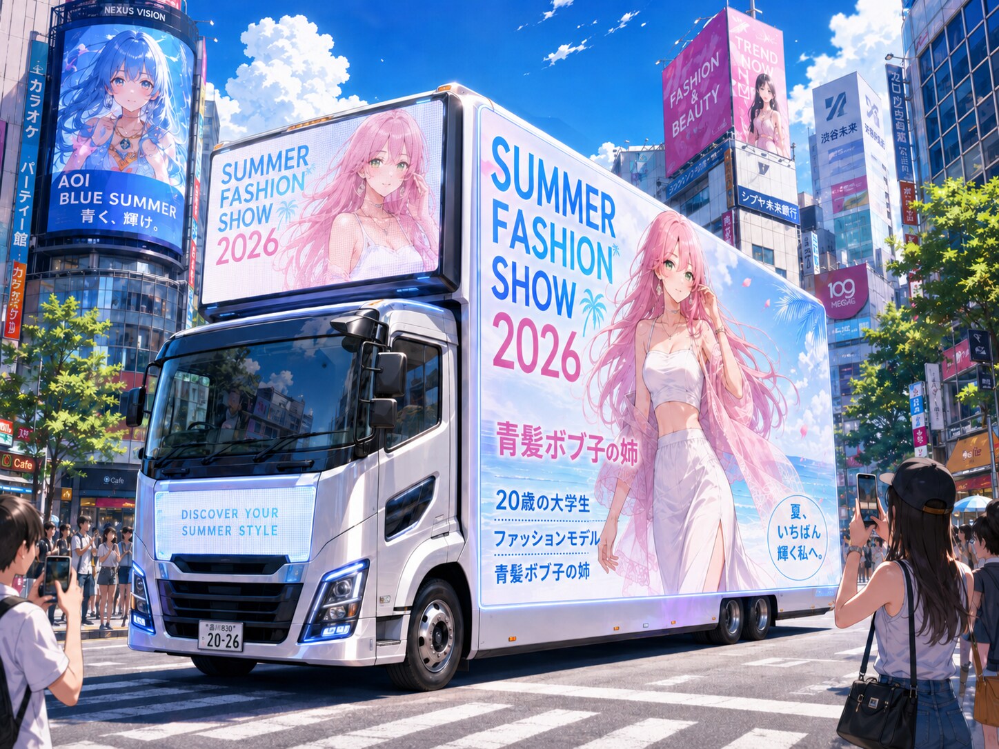 夏の街を走るファッションショー・アドトラック