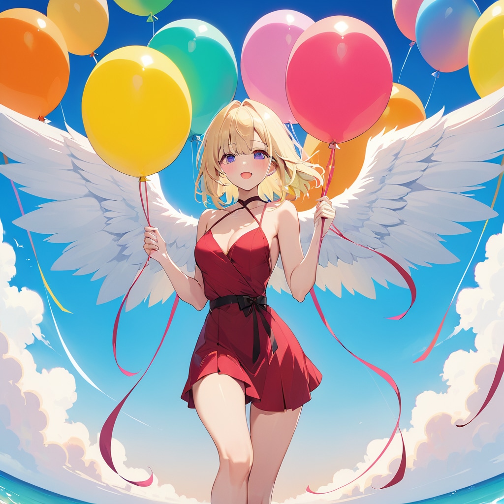 いっぱい色とりどりの風船を持つブロンドロングの天使の羽付けた美女 | の人気AIイラスト・グラビア