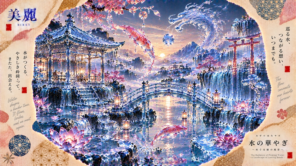 The Radiance of Flowing Water, a water dragon and koi circling above a crystalline shrine bridge at