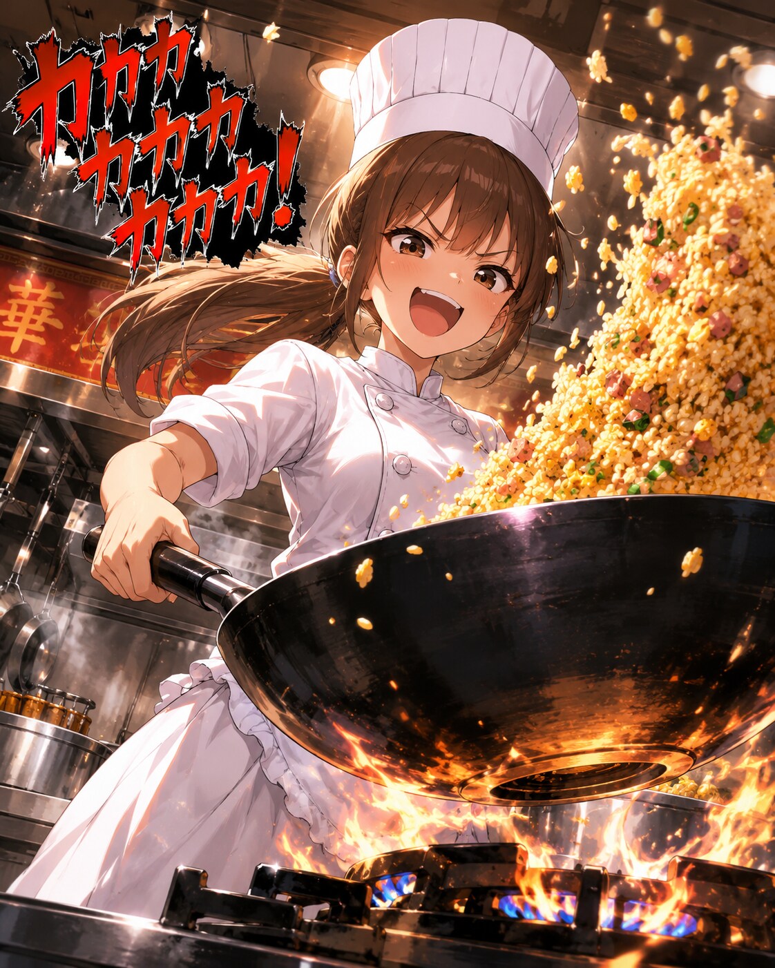 炒飯を調理中の女の子