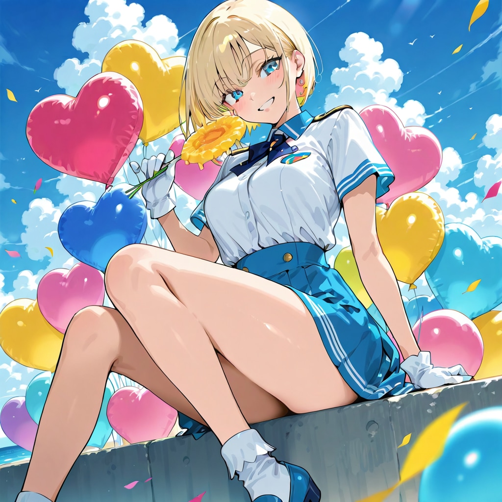 色とりどりのハート風船を持つブロンドショートカットの海兵服着た美女 | の人気AIイラスト・グラビア