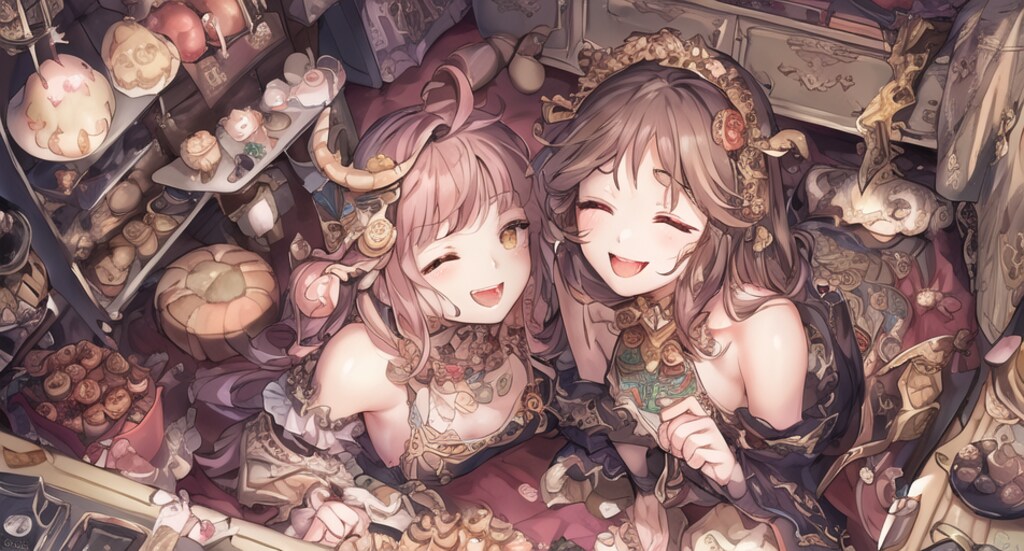 女の子、お菓子、散らばっている部屋、１枚目