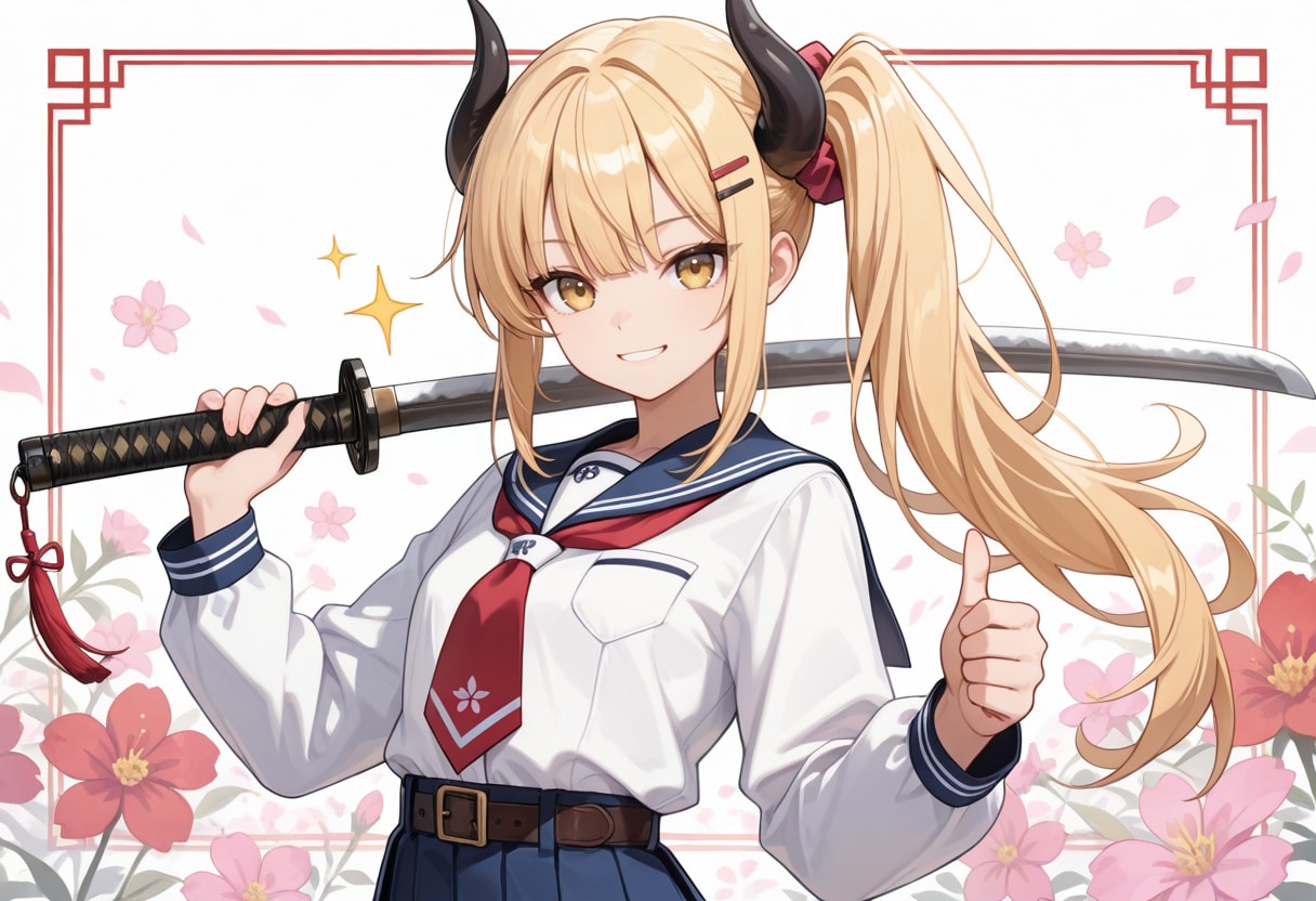 花と刀と笑顔の女鬼高生さん | の人気AIイラスト・グラビア