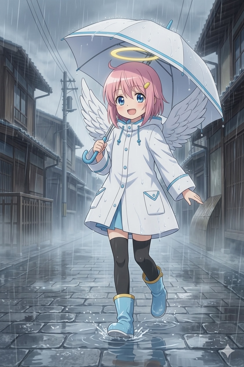 雨の中で傘を持つレインコート天使さん