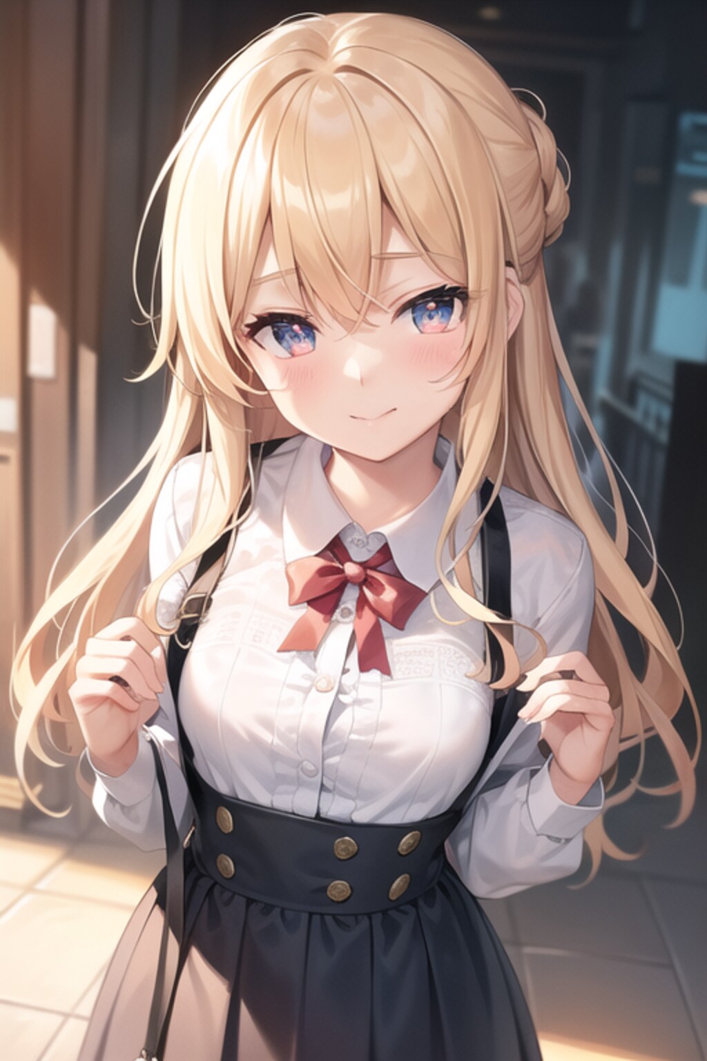 制服姿で頬を染める金色の髪の少女