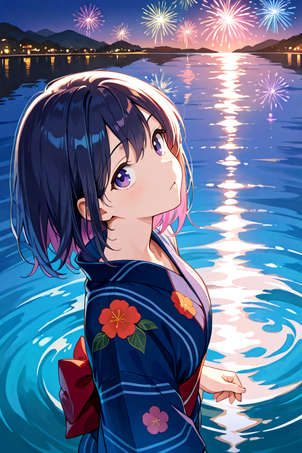 水面に映る花火は難しい
