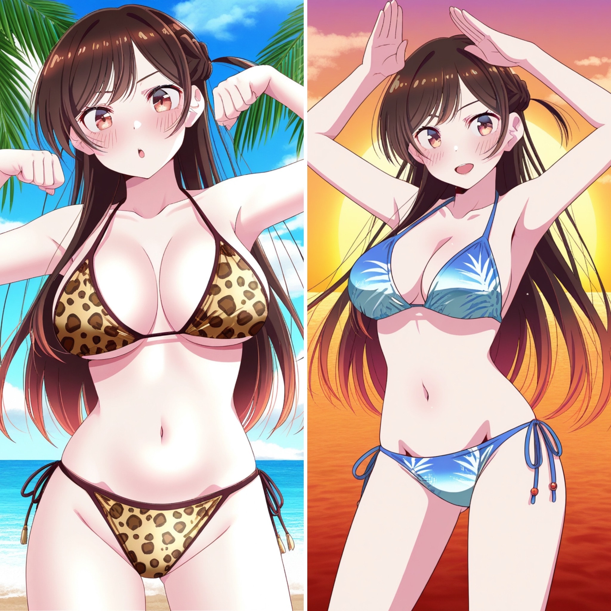 PixAIでアロハ柄と豹柄ビキニの千鶴姫👙❤️