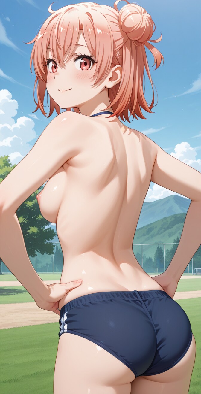 由比ヶ浜結衣が体操服を脱いでブラを外して上半身裸になりオッパイと乳首をあらわにしてブルマのみ着用
