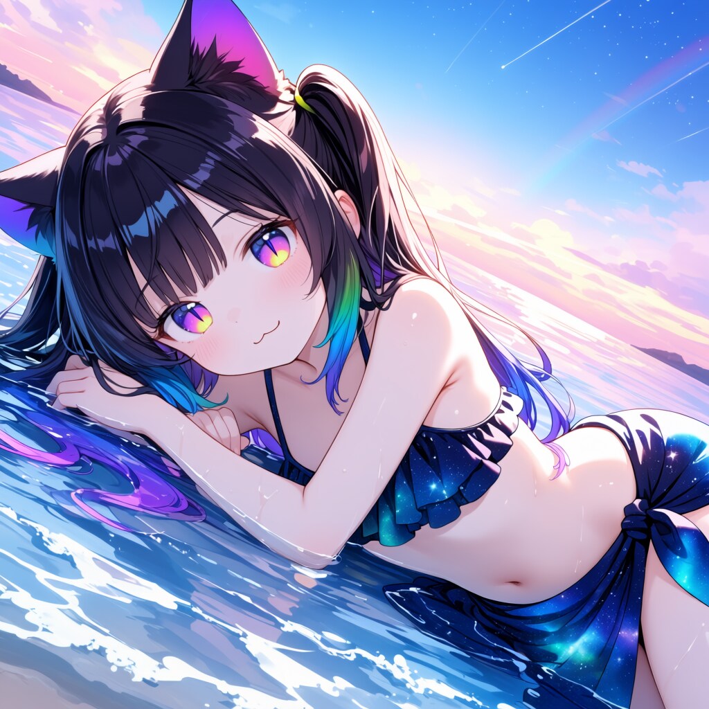 波打ち際の黒猫