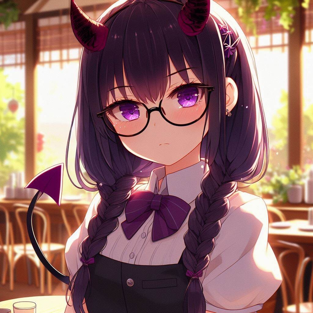 ウェイトレスをしている眼鏡三つ編み悪魔ちゃん