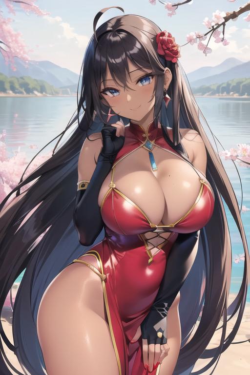 褐色カラフルドレス美女