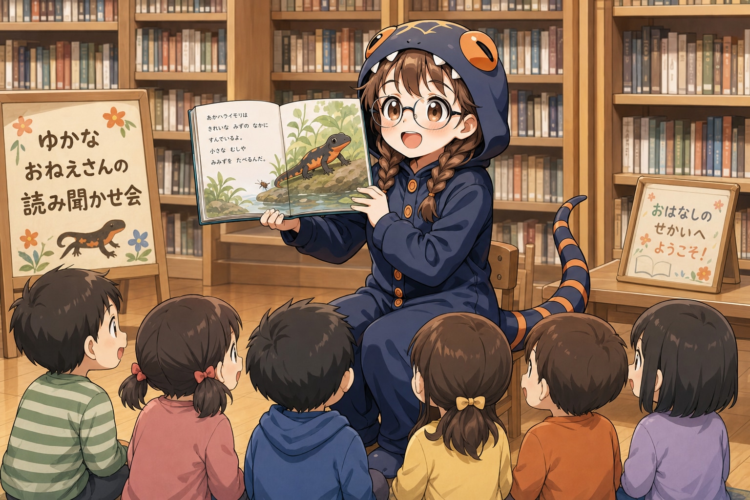 読み聞かせ会・アカハライモリ着ぐるみ委員長ちゃん | の人気AIイラスト・グラビア